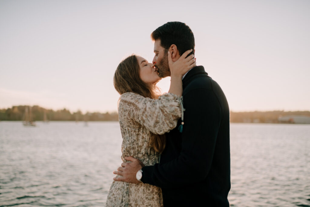 Couple kissing In Lunenburg Nova Scotia