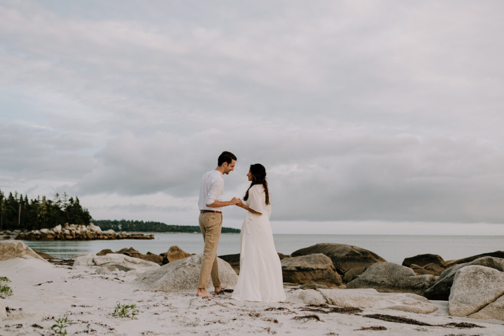 Engagement session on the beach in Port Mouton, Nova Scotia.