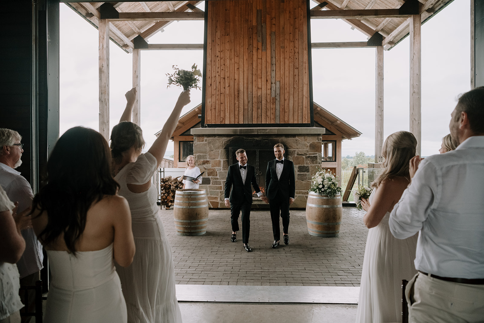 Just married grooms at Lightfoot and Wolfville Vineyards wedding ceremony.